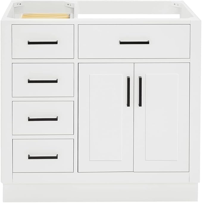 ARIEL Hepburn 36-inch Bathroom Vanity Base Cabinet,Solid Wood, 2 Soft Closing Doors, 5 Dovetail Drawers, White
