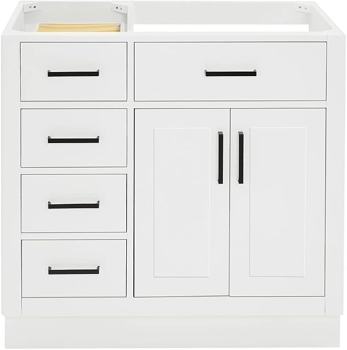 ARIEL Hepburn 36-inch Bathroom Vanity Base Cabinet,Solid Wood, 2 Soft Closing Doors, 5 Dovetail Drawers, White