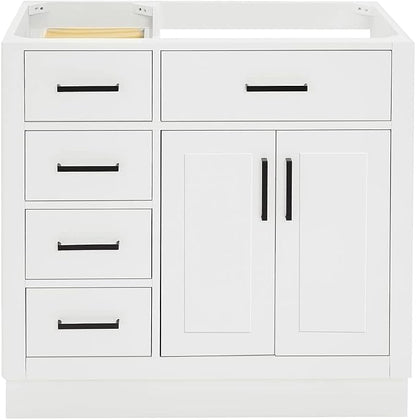 ARIEL Hepburn 36-inch Bathroom Vanity Base Cabinet,Solid Wood, 2 Soft Closing Doors, 5 Dovetail Drawers, White