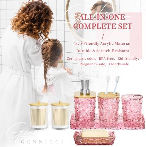 Pink Bathroom Accessories 7 Pcs, Pink Bathroom Set, Acrylic Soap Dispenser and Toothbrush Holder Set, Qtip Holder Set, Bathroom Sink Set, Gift for Home Apartment