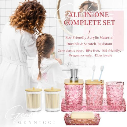 Pink Bathroom Accessories 7 Pcs, Pink Bathroom Set, Acrylic Soap Dispenser and Toothbrush Holder Set, Qtip Holder Set, Bathroom Sink Set, Gift for Home Apartment