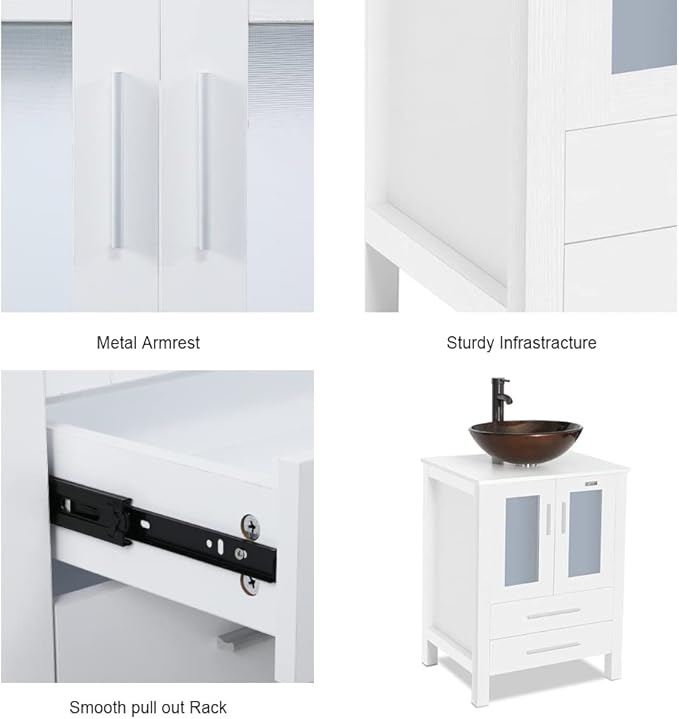 eclife 72" Modern Bathroom Vanity Sink Combo Freestanding Cabinet with Small Side Cabinet, Brown Round Glass Vessel Sink, Water Save Faucet, Drain (White+A09)