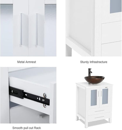 eclife 72" Modern Bathroom Vanity Sink Combo Freestanding Cabinet with Small Side Cabinet, Brown Round Glass Vessel Sink, Water Save Faucet, Drain (White+A09)
