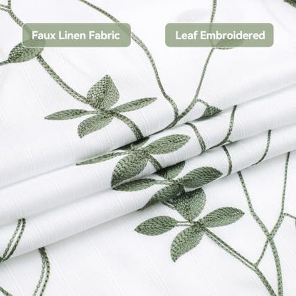 Embroidered Leaf Farmhouse Shower Curtain,Faux Linen,72x72,White Sage Green