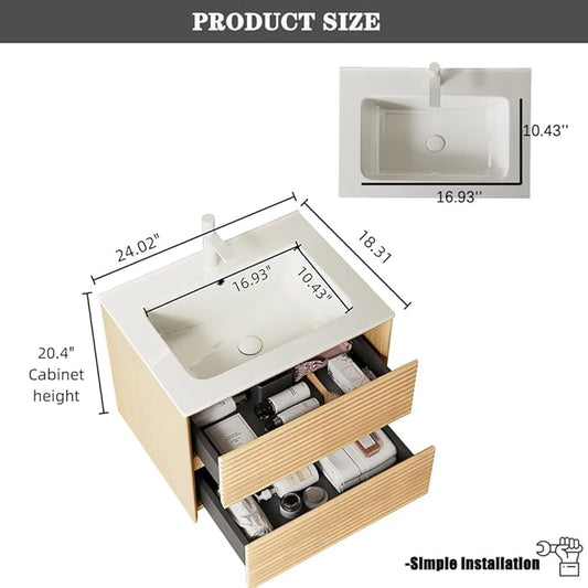 24" Floating Bathroom Vanity with Sink, Wall Mounted Modern Bathroom Cabinet with 2 Soft Close Drawers, Oak & Plywood, Pre-Assembled with Integrated Ceramic Basin – Sedona, Light Oak