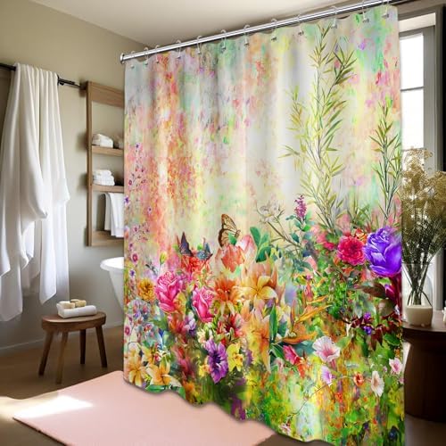Floral Shower Curtain Colorful Wildflower Flower Butterfly Spring Summer Bathroom Decor, Waterproof Cloth Fabric with Hooks 70" Wx96 L