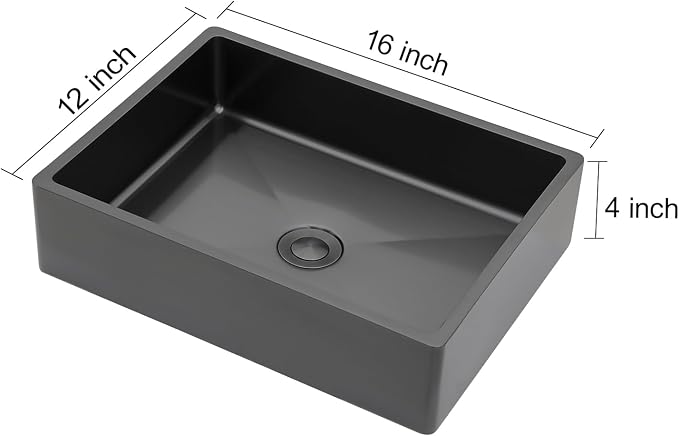 16"x12" Bathroom Vessel Sink Rectangular - Gunmetal Black NANO-PVD, 16 Gauge 304 Stainless Steel, Above Counter Rectangle Modern Vanity Lavatory Bath Sink Basin