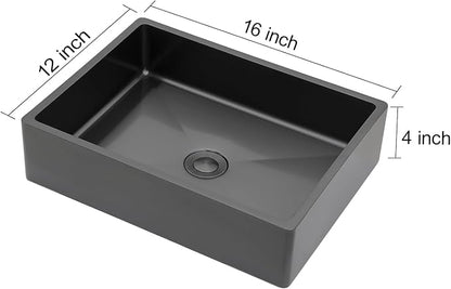 16"x12" Bathroom Vessel Sink Rectangular - Gunmetal Black NANO-PVD, 16 Gauge 304 Stainless Steel, Above Counter Rectangle Modern Vanity Lavatory Bath Sink Basin