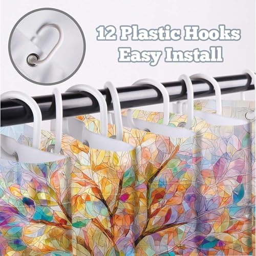 Moonslim Colorful Tree Shower Curtains, Stained Glass Trees Leaves Colored Seasons Fabric Shower Curtain Set Modern Aesthetic Bath Curtain for Bathroom Decor Waterproof Cloth with Hooks 72X72 Inch