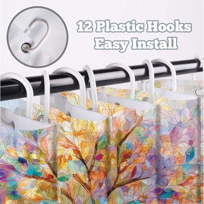 Moonslim Colorful Tree Shower Curtains, Stained Glass Trees Leaves Colored Seasons Fabric Shower Curtain Set Modern Aesthetic Bath Curtain for Bathroom Decor Waterproof Cloth with Hooks 72X72 Inch