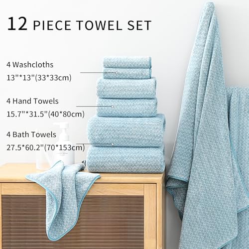 Ultra Soft Bath Towel Set,12 Piece (4 Bath Towels,4 Hand Towels,4 Washcloths) Family Bathroom Towels Set with Hanging Loop,Quick Dry Extra Absorbent Shower Towel for Bathroom,Hotel,Spa-Turquoise