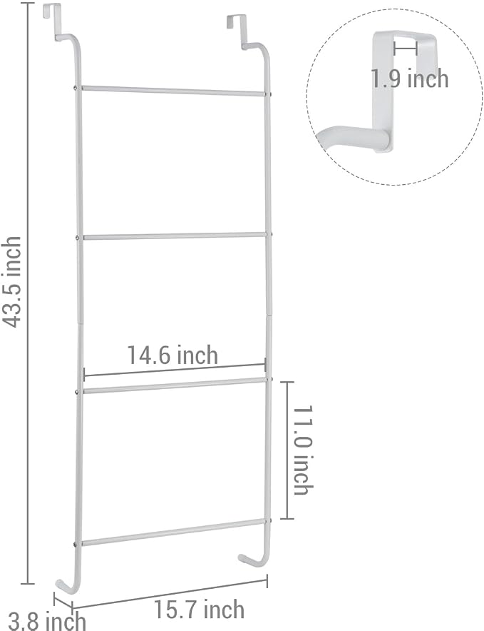 MyGift 4 Tier White Metal Over the Door Towel Rack Bathroom Holder Ladder | Space Saving Over Shower Door Drying Rack for Towels & Blankets, Linens Washcloths Clothing Guest Room Apartment Dorm