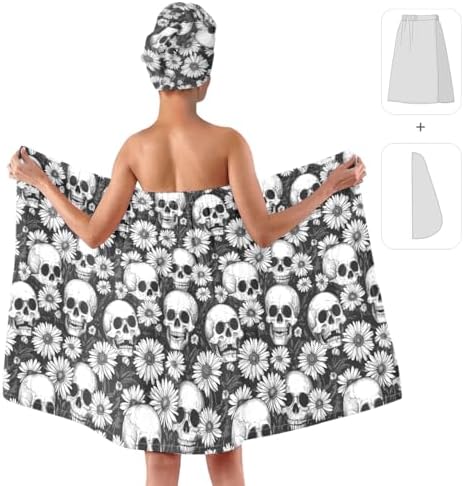 Gothic Bath Wrap Set with Hair Turban, Black White Skull Daisy Pattern, Spa Towel Wrap