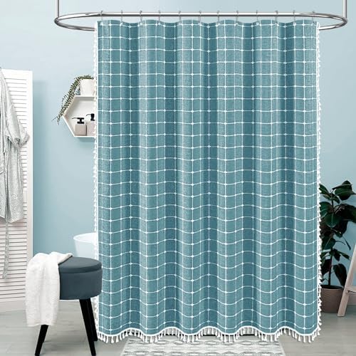BTTN Extra Long Boho Farmhouse Linen Shower Curtain, 72x96, Turquoise/Teal