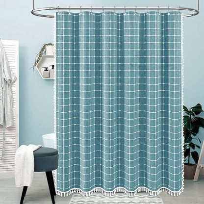 BTTN Extra Long Boho Farmhouse Linen Shower Curtain, 72x96, Turquoise/Teal