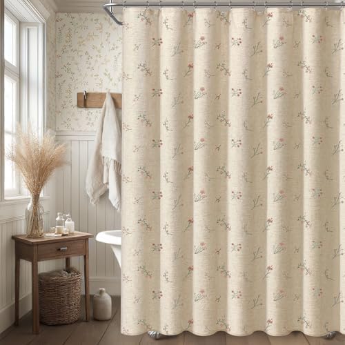 Floral Farmhouse Vintage Linen Shower Curtain Embroidered Textured 72Wx78H