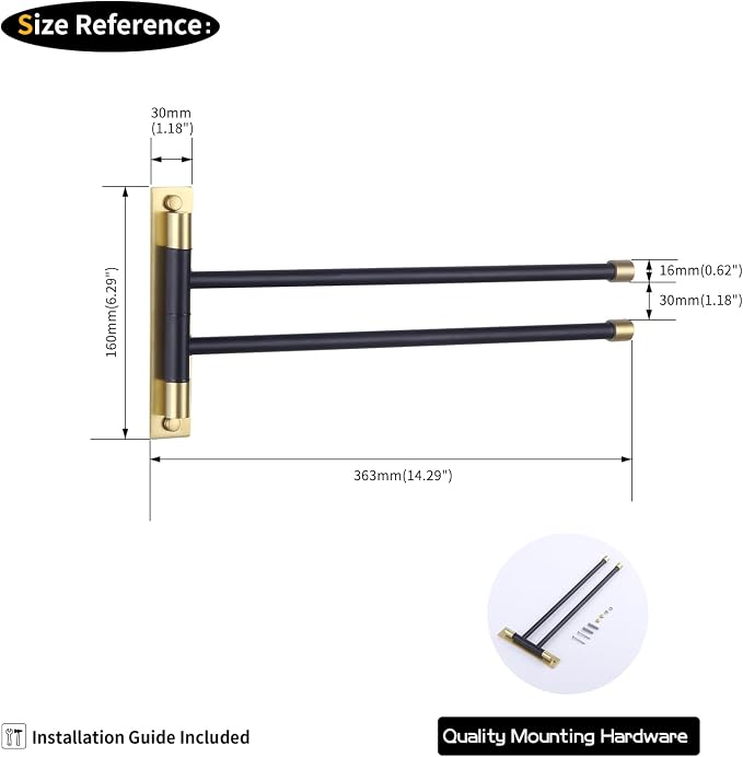 GERZWY Bathroom Swing Arm Towel Bars 2-Arm Wall Mount Stainless Steel Bath Towel Rack Hanger Towel Holder Organizer (Black & Gold) HYG02-BD