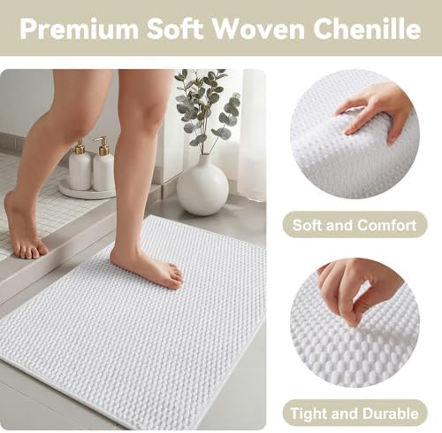 Triohero Bathroom Rugs Non Slip Washable, Super Absorbent Thin Bath Mat Small Quick Dry Low Pile Bathroom Rug, White 20"x30"