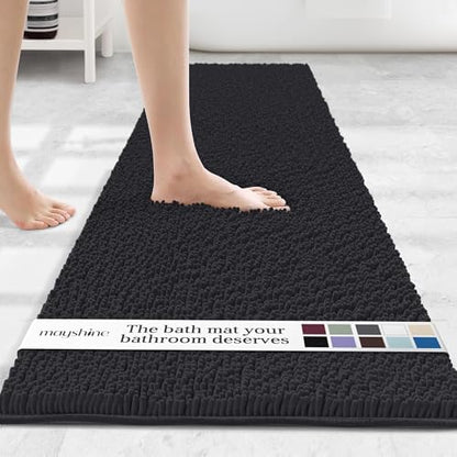 MAYSHINE Runner Plush Shaggy Chenille Bath Mat 71"x31" Extra Soft, Super Absorbent, Non-Slip Bathroom Rug | Fluffy Microfiber, Area Rug Sets for Bathroom Floor, Kitchen, Living Room |Black