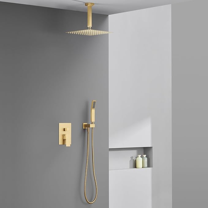 Shower System 12 Inches Rain Shower Combo Set Brushed Gold Ceiling Mount Shower Faucet Bathroom Faucets with Rainfall Shower Head and Hand Shower
