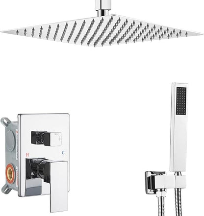 ‎Polished Chrome Shower System Bathroom 12 Inch Rain Shower Head Ceiling Mount with Handheld Luxury High Pressure Shower Combo Set Shower Faucet Rough-in Valve Body and Trim Kit