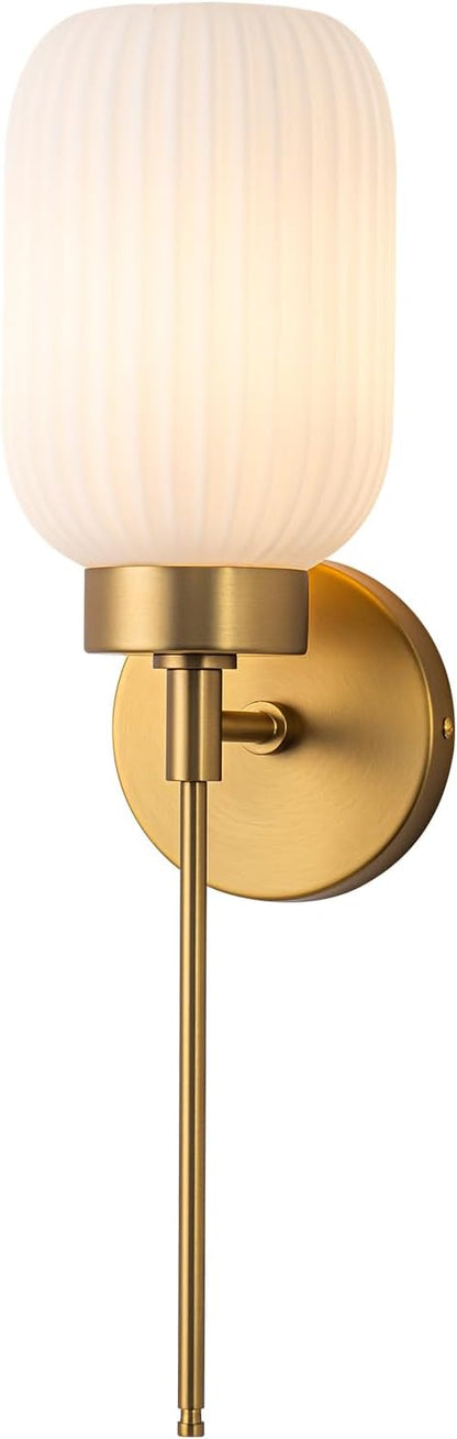 Gold Bathroom Wall Sconce, 1-Light Single Bathroom Vanity Light, Modern Brass Wall Sconce with Frosted Milk White Striped Glass Shade for Bedroom Hallway Entrance | Frosted Milk White Striped Glass Shade, Milk Glass Vanity Light for Bedroom Hallway Ent...