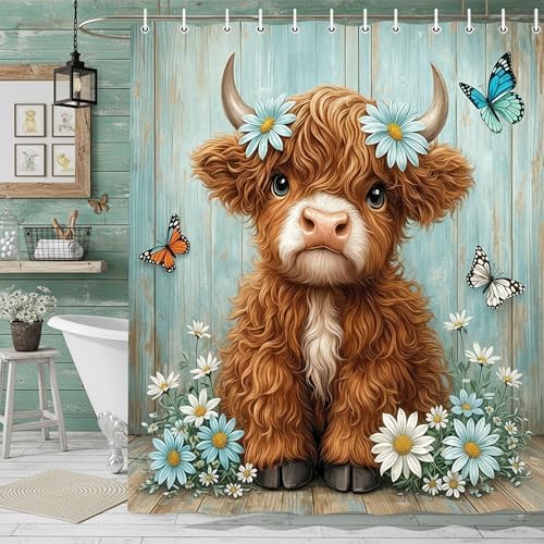 Cute Cow Shower Curtain, Farmhouse Rustic Floral Teal Daisy Funny Highland Cow Shower Curtains for Bathroom, Calf Country Plant Farm Animal Bathroom Decor with Hooks, 70x84 inch