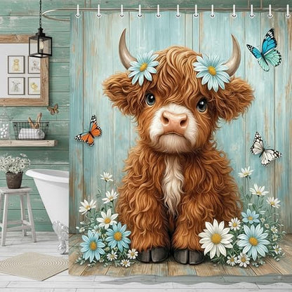 Cute Cow Shower Curtain, Farmhouse Rustic Floral Teal Daisy Funny Highland Cow Shower Curtains for Bathroom, Calf Country Plant Farm Animal Bathroom Decor with Hooks, 70x75 inch