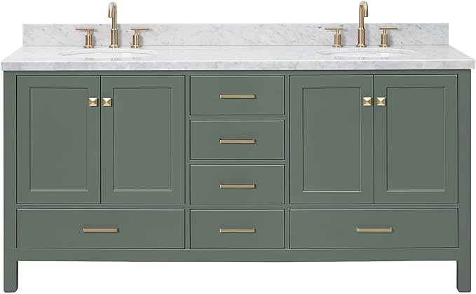 ARIEL Cambridge 72-inch Bathroom Vanity with Sink,Solid Wood, 1.5-inch Italian Carrara Marble Countertop, Double Oval Porcelain Sink, 4 Soft Closing Doors, 6 Dovetail Drawers, Vintage Green