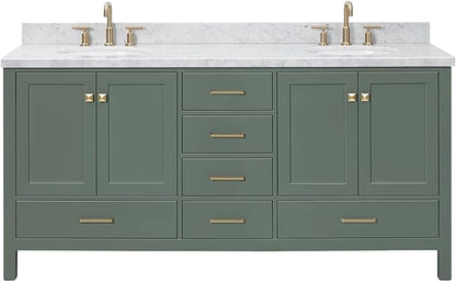 ARIEL Cambridge 72-inch Bathroom Vanity with Sink,Solid Wood, 1.5-inch Italian Carrara Marble Countertop, Double Oval Porcelain Sink, 4 Soft Closing Doors, 6 Dovetail Drawers, Vintage Green