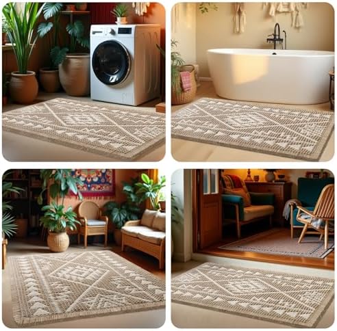 Waffle Bath Mat, Boho Woven Modern Bath Rug Absorbent Non Slip, Ultra Soft Bathroom Mats, Machine Washable Knit Bath Rugs with Triangle Border for Bathroom, Bedroom, Kitchen, 32"x20", Beige & White