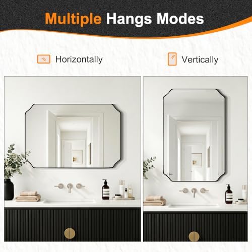 Delma Bathroom Vanity Mirror, Black Framed Aluminum Bathroom Mirror for Over Sink, Scalloped Round Corner Wall Mirror, High-Definition Vanity Mirror, Hangs Horizontally or Vertically (36x24,Black)
