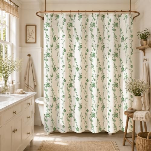 Gibelle Green Farmhouse Linen Shower Curtain, Boho Floral Fabric, 72 x 84