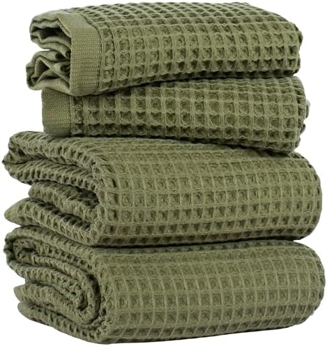 PÜSKÜL Natural 100% Turkish Cotton Waffle Towels Set of 4-Piece Khaki Green