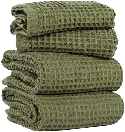 PÜSKÜL Natural 100% Turkish Cotton Waffle Towels Set of 4-Piece Khaki Green