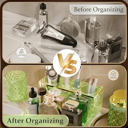 Green Bathroom Accessories Set 5Pcs Crystal Glass, Foaming Soap Dispenser with Rust Pump, Soap Dish, Cup, Acrylic Toothbrush Holder with Tray Organizer, Cotton Swab Jar, Bathroom Counter Decor