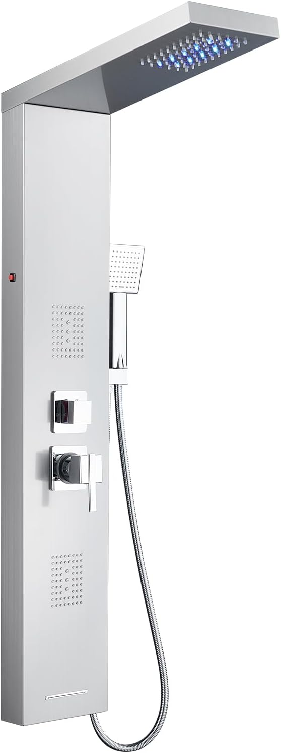 MENATT Shower Tower Panel System with LED Lights, Stainless Steels Shower Tower System with Rainfall Shower Head, 2-in-1 Body Jets,Handheld Showerhead,Bathtub Filler (Brushed Nickel)