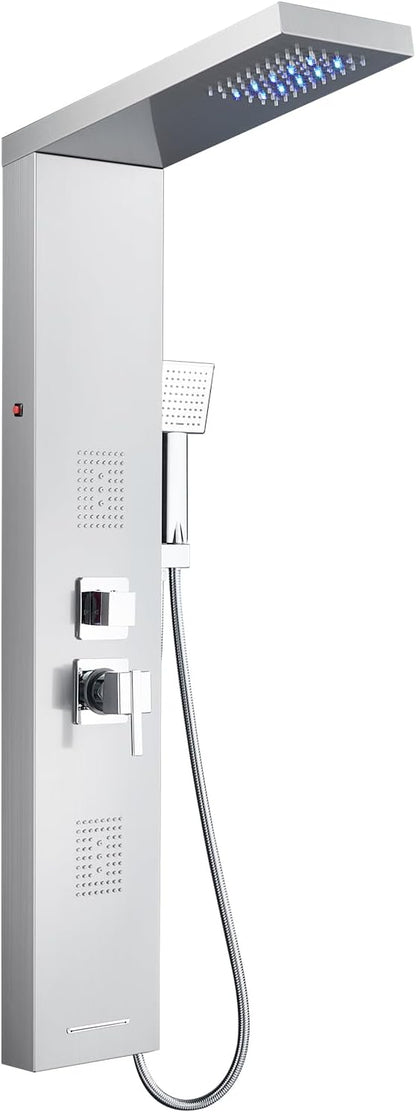 MENATT Shower Tower Panel System with LED Lights, Stainless Steels Shower Tower System with Rainfall Shower Head, 2-in-1 Body Jets,Handheld Showerhead,Bathtub Filler (Brushed Nickel)