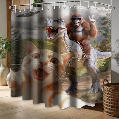 Extra Long Shower Curtain XL Fun Cat Riding Dinosaur, 108 x 72 Inchs