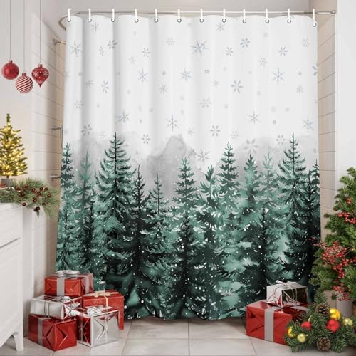 Shower Curtain Bathroom Set Christmas Tree Forest Gradient Green Waterproof Shower Curtains with Grommets Hooks Winter Snowflakes Gray Privacy Bath Curtain for Bathtub Decor 60x72in