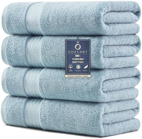 COZYART Luxury Bath Towels 4 PCS, 27x54 650 GSM Turkish Cotton, Light Blue
