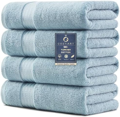 COZYART Luxury Bath Towels 4 PCS, 27x54 650 GSM Turkish Cotton, Light Blue