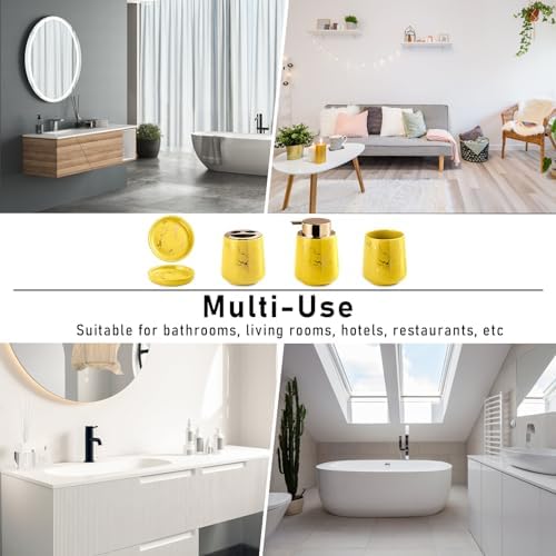 YYW Ceramic Bathroom Accessory Set, Marble Soap Dispenser Washing Set- Hand Lotion Dispenser Pump, Toothbrush Holder,Tumblers, Soap Dish-Refillable Liquid Dispenser (Yellow Four Piece)