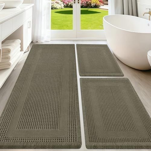 Upgraded Waffle Bath Mat Set 3 Piece Greyish Green-Looped, Super Absorbent Non-Slip Quick Dry Bathroom Rugs with Tassels, Machine Washable Ultra Soft Boho Bath Rugs, Toilet Mats Boho Farmhouse Decor