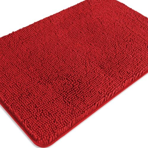 Red Bathroom Rugs – Absorbent and Washable Bath Mat, Non-Slip, Thick Soft Chenille Bath Rugs for Bathroom Floor, Shower, Sink - 24" x 36"