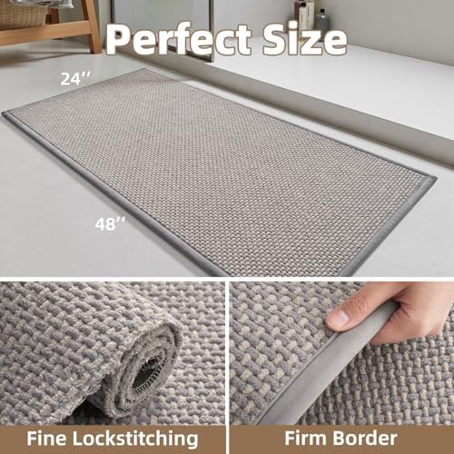 PADOOR-Bath Mat Runner-Super Absorbent Chenille Bathroom Mats-Rubber Backed Bath Mats for Bathroom Non Slip, Easy Clean Bathroom Runner Rugs Front of Bathtub,Shower Room,Sink-24×48, Grey&Beige