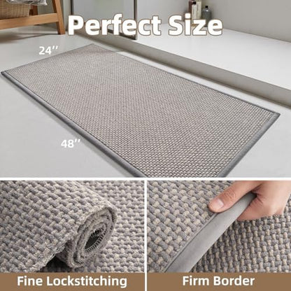 PADOOR-Bath Mat Runner-Super Absorbent Chenille Bathroom Mats-Rubber Backed Bath Mats for Bathroom Non Slip, Easy Clean Bathroom Runner Rugs Front of Bathtub,Shower Room,Sink-24×48, Grey&Beige