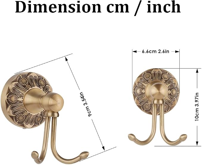 Wall Mounted Antique Brass Towel Hook Bathroom Hook for Clothing & Robe Hanger, Screws Install Shower, Vintage Gold Brass Petal-Relief Series Longhorn Double Hook