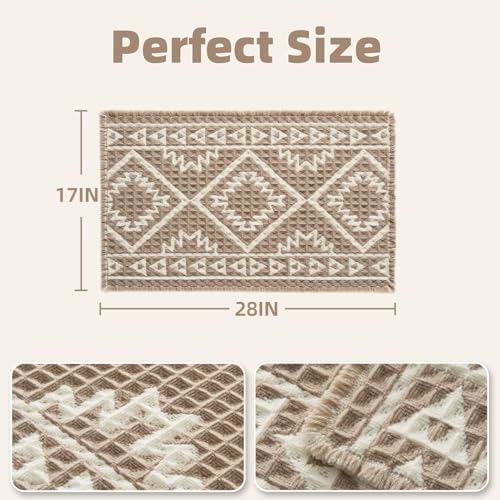 PADOOR-Waffle Bath Mat-Super Absorbent Bath Mats for Bathroom, Machine Washable Non Slip Bathroom Rug with Tassels, Soft Bathroom Mat for Laundry Room, Bedroom, Brown & Cream, 17"x28"