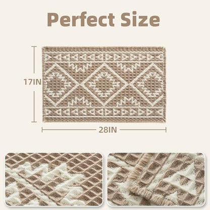 PADOOR-Waffle Bath Mat-Super Absorbent Bath Mats for Bathroom, Machine Washable Non Slip Bathroom Rug with Tassels, Soft Bathroom Mat for Laundry Room, Bedroom, Brown & Cream, 17"x28"